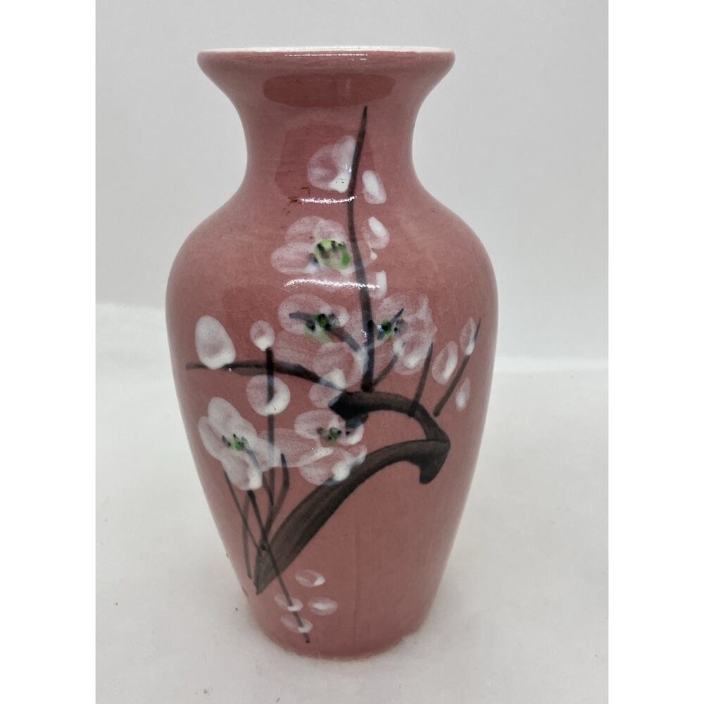Asian Hand Painted Pink Glazed Cherry Blossom Ceramic Vase 6.25"